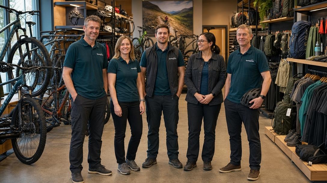 Five people standing among bikes and outdoor equipment.