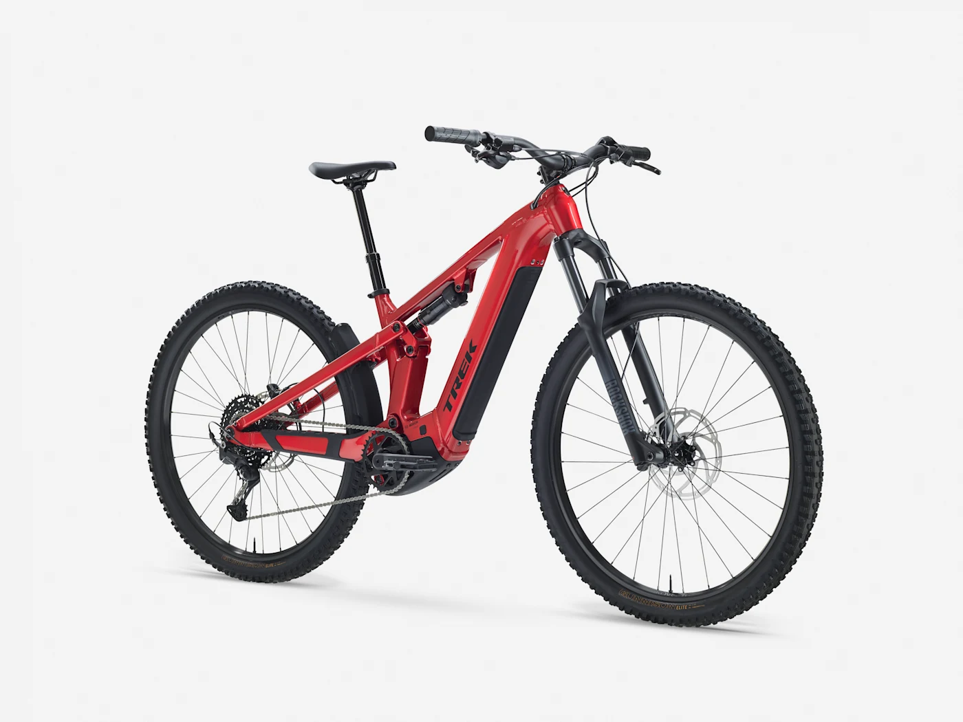 Trek Powerfly+ FS 4 800 Gen 4: three-quarter view, shown in Fury Red / Dark Star.