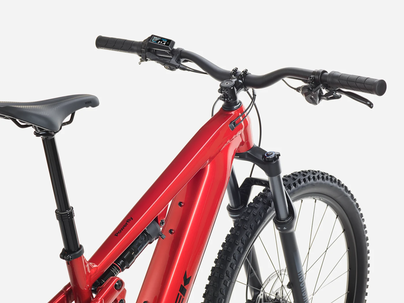 Trek Powerfly+ FS 4 800 Gen 4: cockpit and frame detail, shown in Fury Red / Dark Star.