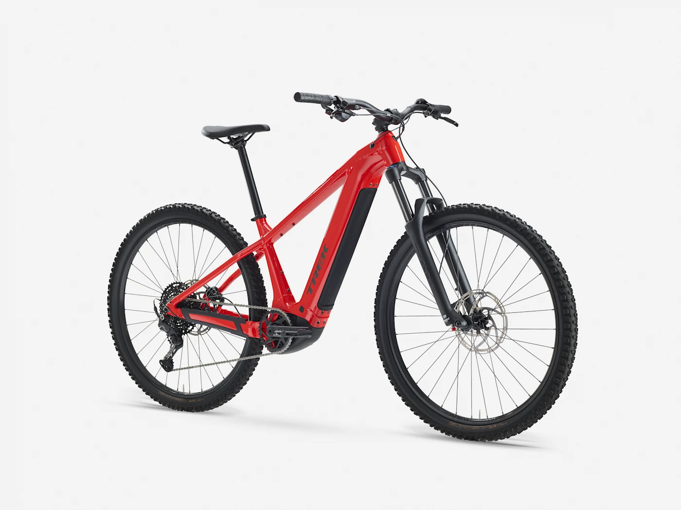 Trek Powerfly+ 4 800Wh Gen 5: three-quarter view, shown in Radioactive Red / Black Chrome.
