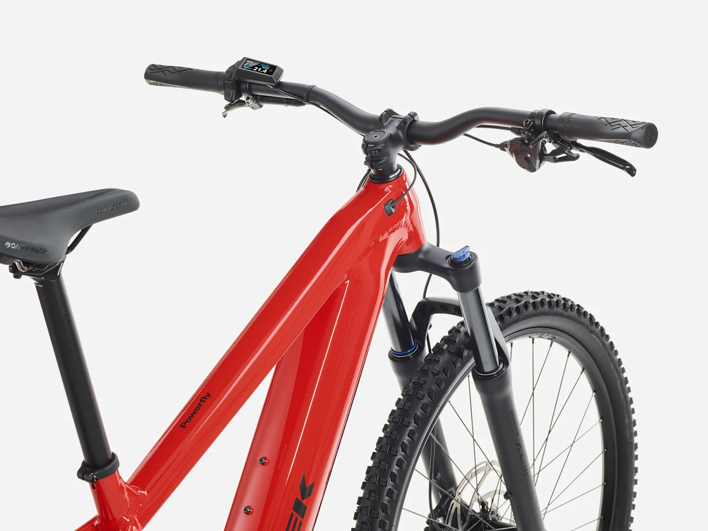 Trek Powerfly+ 4 800Wh Gen 5: cockpit and frame detail, shown in Radioactive Red / Black Chrome.