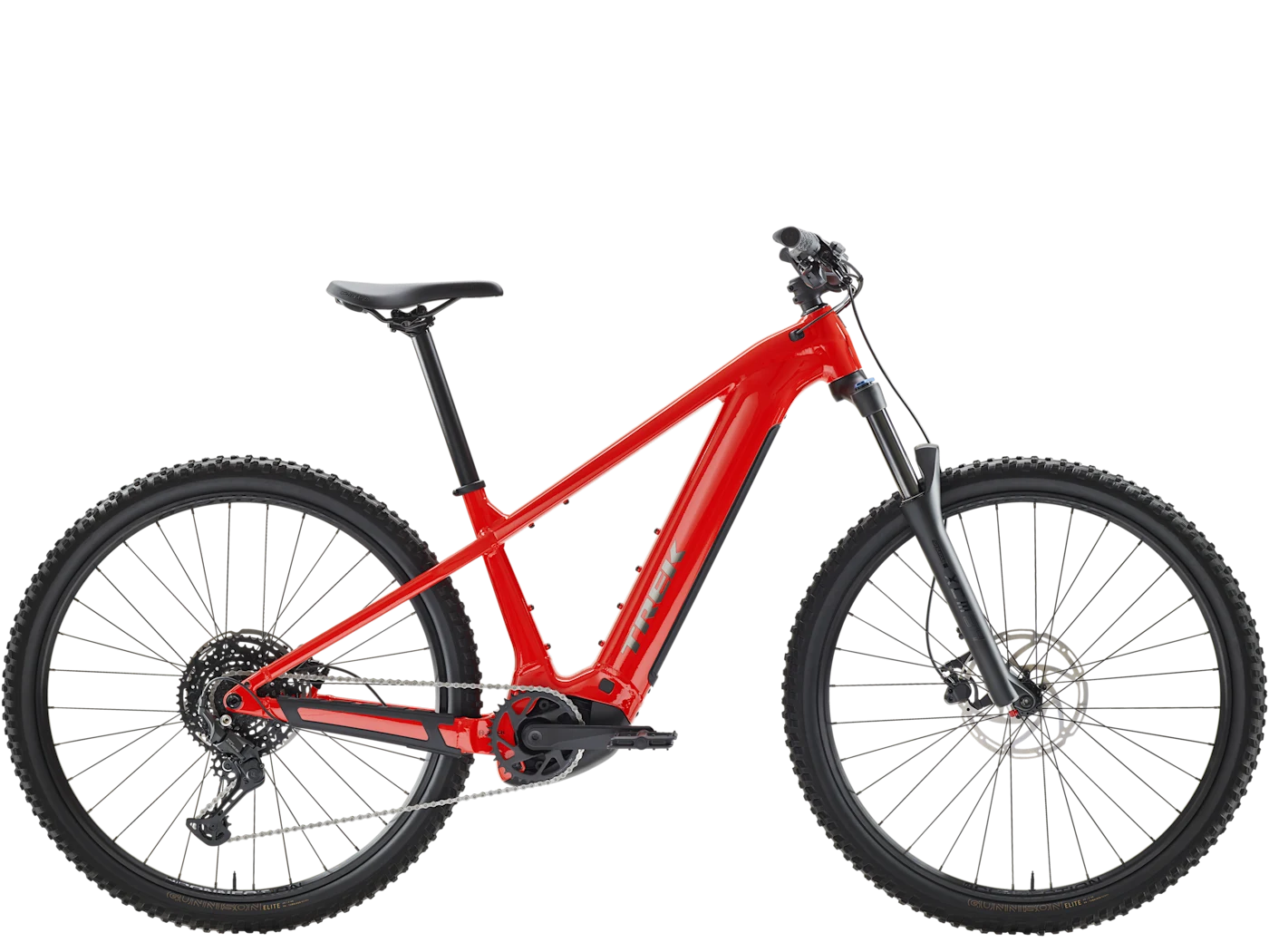 Trek Powerfly+ 4 800Wh Gen 5: side view, shown in Radioactive Red / Black Chrome.